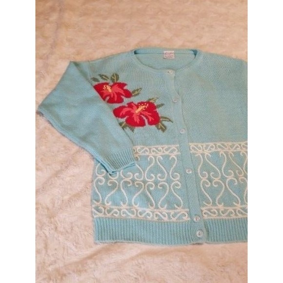 Vintage Trimingham's Bermuda Sweater Cardigan Small Blue Embroidered Floral - Picture 5 of 16